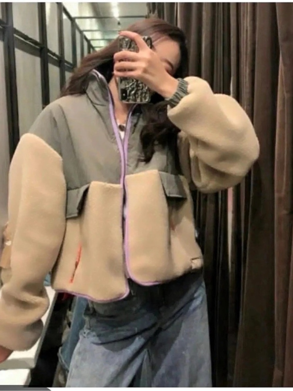 Zara olive green and tan fleece sherpa cropped zip-up jacket with lilac trim